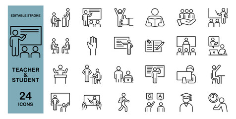 Teacher and Student Education Icon Set &ndash; Classroom, Learning, Study, Homework and School Activities. Editable Stroke. Vector Illustration
