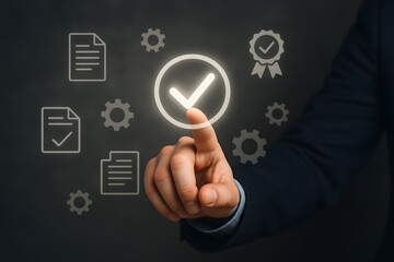 Obraz premium Business professional hand touching a quality check icon, symbolizing quality assurance. 