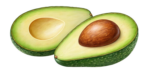 Realistic Half Avocado Illustration on Transparent Background
High-Resolution Digital Avocado Slice with Seed and Hollow Detail