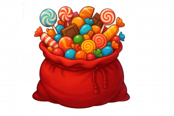 Red sack overflowing with colorful sweet treats, candies, chocolates, and lollipops, symbolizing abundance and celebration