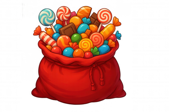 Red sack overflowing with colorful sweet treats, candies, chocolates, and lollipops, symbolizing abundance and celebration