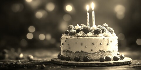 Celebratory cake with candles and fresh raspberries showcased in a festive setting