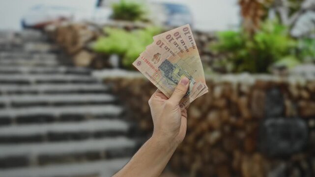 Man holding romanian lei banknotes outdoors in a city street setting showcasing currency and finance.