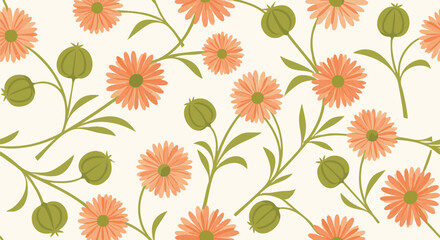 Delicate seamless floral pattern illustration featuring peach color flowers and green stems on an off-white background