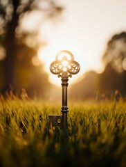 antique golden key glows warmly in a sunlit field of tall grasses | faith, vintage, hope, faith, nature theme