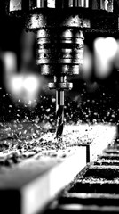 Precision drilling in a workshop creates wood shavings under lights during an industrial process