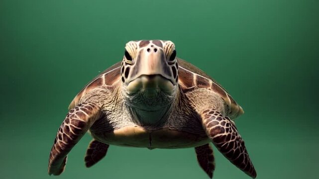 A sea turtle swimming calmly toward the camera, flapping its flippers slowly, greenscreen background behind it