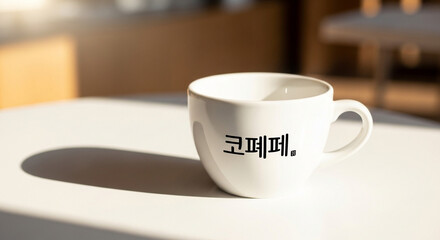 Fototapeta premium Coffee cup with korean text coffee sits on table in the warm sunlight, creating cozy and inviting atmosphere for morning beverage
