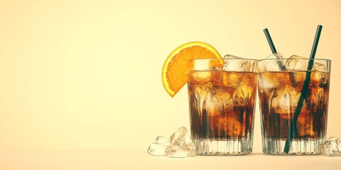 Refreshing iced drinks with garnish served on a background