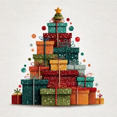 Colorful Christmas tree made of stacked gift boxes decorated with bows and ornaments in a snowy setting