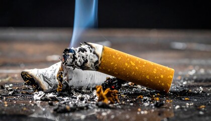 A cigarette butt, smoldering and broken, lies on a dark surface