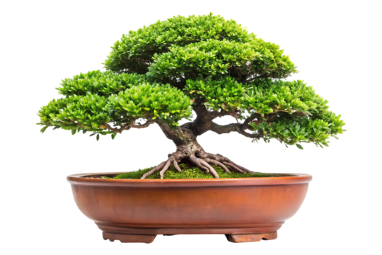 Green bonsai tree in terracotta pot cutout png isolated on a transparent background
