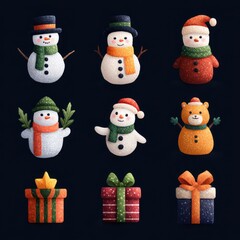 Festive collection of cute winter characters and presents celebrating the holiday spirit