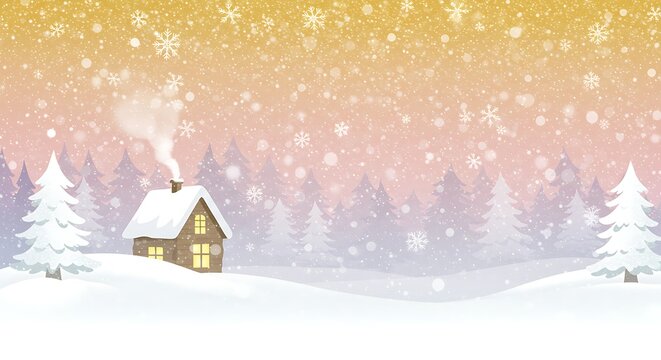 Winter scene with snowflakes falling on a cozy cottage in the forest