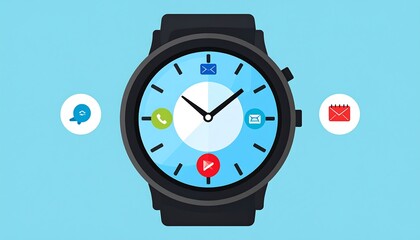 Smartwatch interface graphic.  Flat design of a wristwatch with app icons