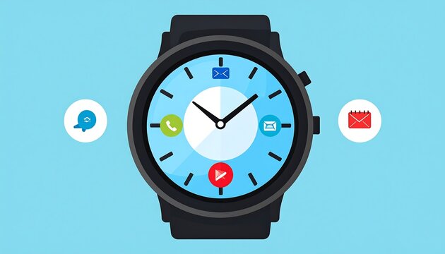 Smartwatch interface graphic.  Flat design of a wristwatch with app icons