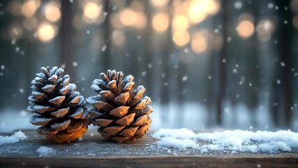 Two pine cones covered in snow on a wooden surface, with a blurred background of a snowy forest lit by warm light - Powered by Adobe