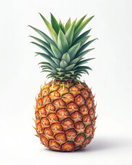 Fototapeta premium A whole ripe pineapple with green leaves on a white background.
