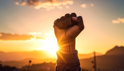 A clenched fist raised against a golden sunset
