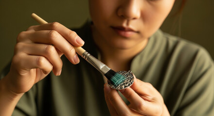 Focused young woman carefully painting intricate handcrafted jewelry piece using fine brush seated at table, practicing skillful artisan techniques in creative studio workspace