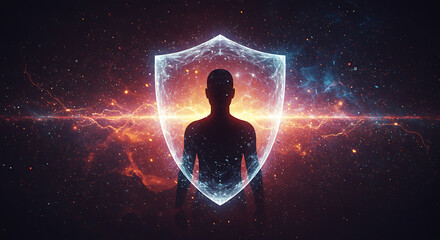 Human silhouette surrounded by a transparent quantum shield, protecting personal data from cyberattacks in a digital universe