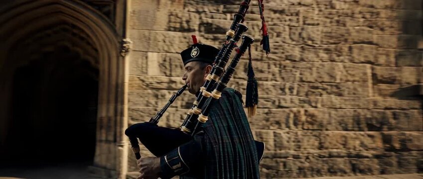 Cinematic Bagpiper Playing Traditional Music in Historic Scottish Street - Ultrawide Cultural Heritage Concept