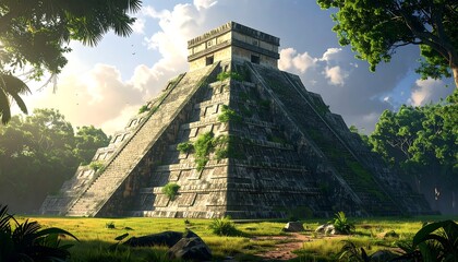 Ancient pyramid nestled in lush jungle