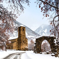 Snowy mountain church scene