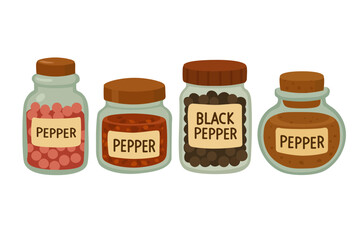 Vector illustration of spice jars with different types of pepper, flat cartoon doodle style isolated.