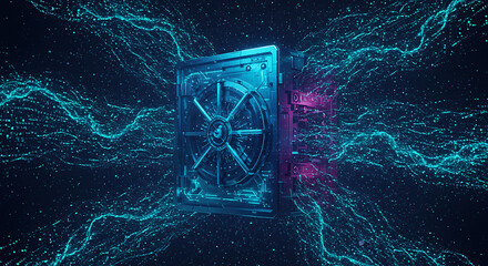 Futuristic quantum data vault glowing in blue and violet light, surrounded by encrypted code streams, symbolizing next-generation cybersecurity