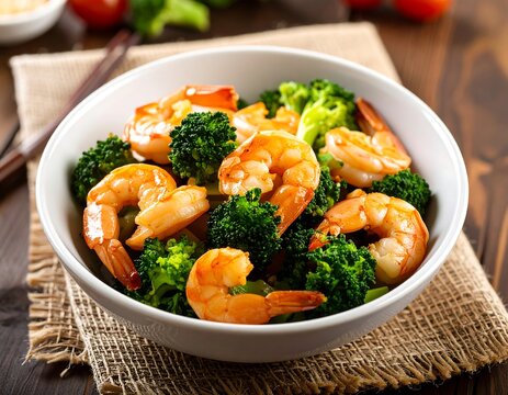 Shrimp and broccoli stir-fry in a bowl