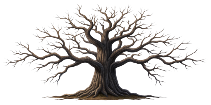 Ancient Leafless Tree with Twisting Branches on Transparent Background
Majestic Bare Tree with Sprawling Roots and Symmetrical Branches