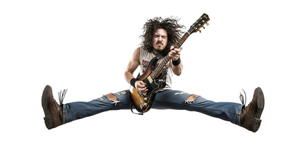 Obraz premium Electric Guitar Solo: A dynamic musician passionately plays an electric guitar mid-air, showcasing the energy and expression of a rock performance. The scene bursts with raw emotion and intense focus.