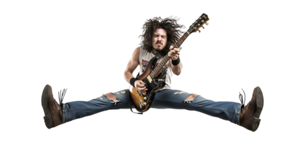 Electric Guitar Solo: A dynamic musician passionately plays an electric guitar mid-air, showcasing the energy and expression of a rock performance. The scene bursts with raw emotion and intense focus.