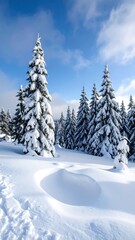 Snowy mountain forest scene under a vibrant blue sky (1)