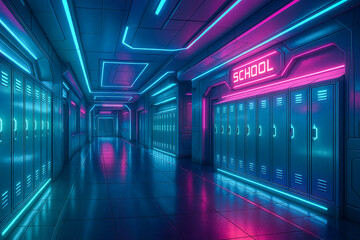 Fototapeta premium Neon Cyberpunk School Corridor with Lockers and Glowing Lights