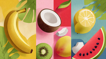 Abstract retro-style cartoon posters featuring juicy tropical fruits banana, coconut, lemon, kiwi, and watermelon