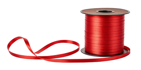 Shiny Red Satin Ribbon Spool with Curved Loose End on Transparent Background
Unrolled Red Ribbon on Spool Isolated with Smooth Satin Texture and Clear Background