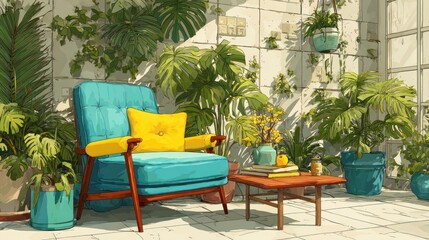 Cozy corner illustration: blue armchair surrounded by indoor plants in a sunlit room setting