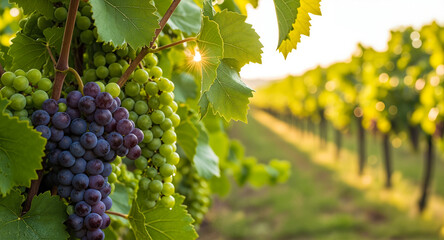 Fototapeta premium Vineyard Vista: Close-up view of juicy grapes hanging from vines in a sun-drenched vineyard, perfect for wine lovers.