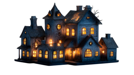 Haunted house with glowing window on white