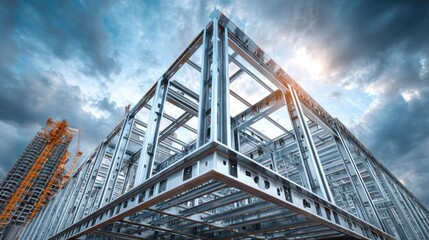 Fototapeta premium Architectural design of a modern building under construction with cranes and sky