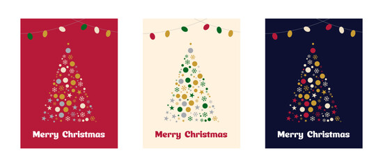 雪の結晶と星で彩られた3種類のクリスマスツリーカードデザインセット