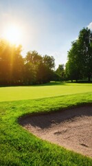fairway. Vast green golf course under bright sunlight, capturing the tranquility of open landscapes. travel magazines, destination branding, designed for outdoor magazines and nature guides.
