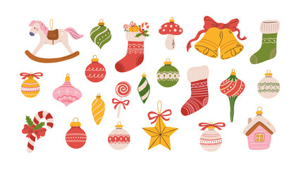 Hand drawn Christmas holiday set with bauble, toy, decoration, bell, stocking, star and festive treats. New Year vector illustration. Winter clipart