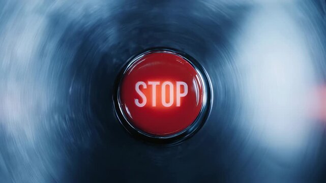 Red illuminated stop button on a blurred circular blue background symbolizing emergency and sudden halt
