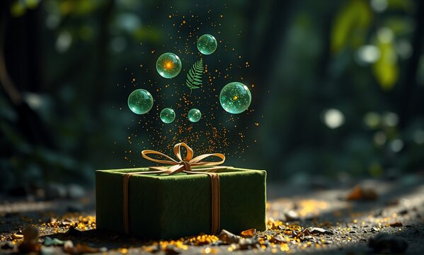 A mystical green gift box with a golden bow rests on the forest floor, emitting luminous green orbs and sparkling golden particles.
