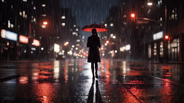 Rainy City Night Silhouette Woman Walking with Red Umbrella Reflective Pavement Urban Mood Cinematic
