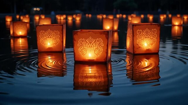 Serene evening water lantern procession creates a magical, tranquil ambiance, perfect for reflective moments and peaceful celebrations.