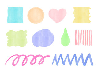 柔らかな色合いで描かれた水彩ブラシの図形とストロークの素材セット.